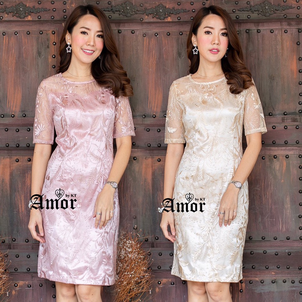 ส่งฟรี เดรสลูกไม้สีทอง/สีชมพูกะปิ แต่งกากเพชร M-4XL