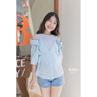 Numsha Brand เสื้อกล้ามลายทางปาดไหล่ / NB22057