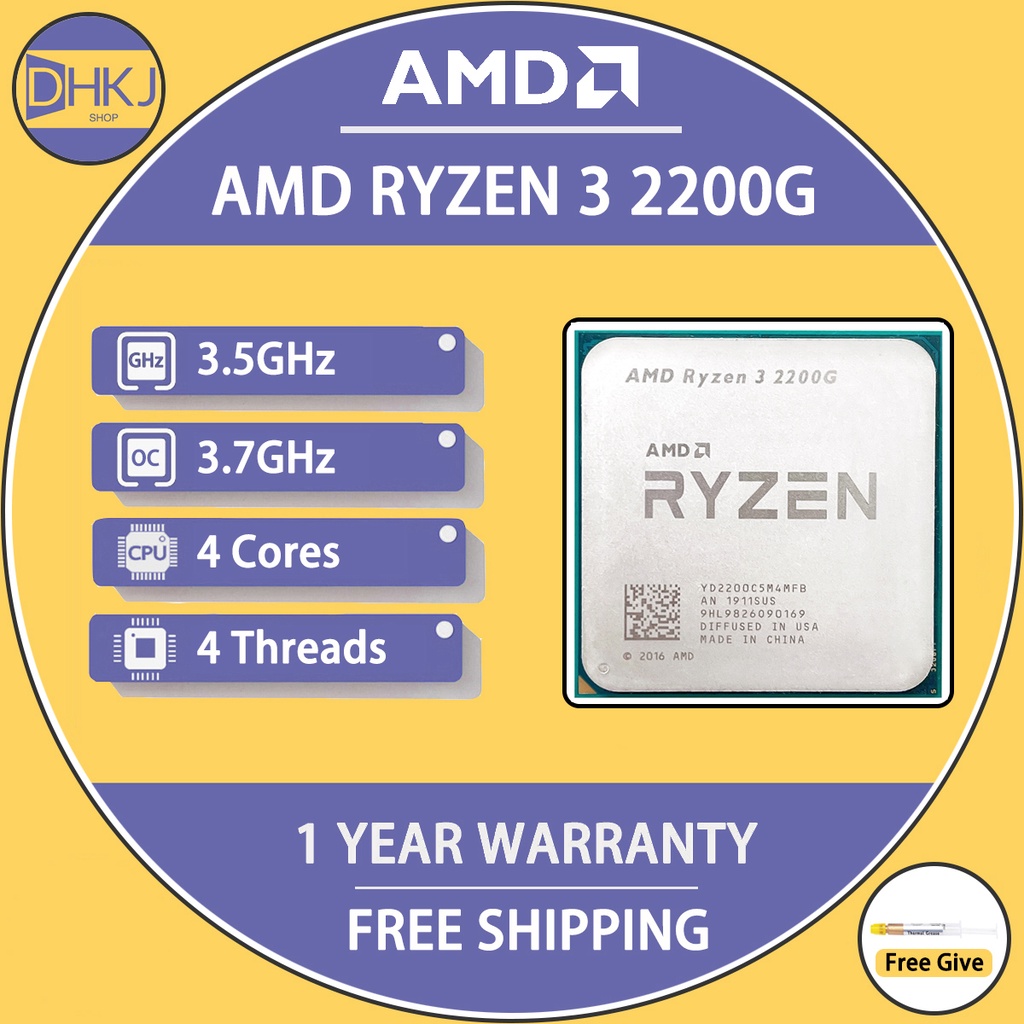 ใช้ AMD Ryzen 3 2200G R3 2200G 3.5 GHz Quad-Core Quad-Thread CPU โปรเซสเซอร์ซ็อกเก็ต AM4 ไม่มีพัดลม