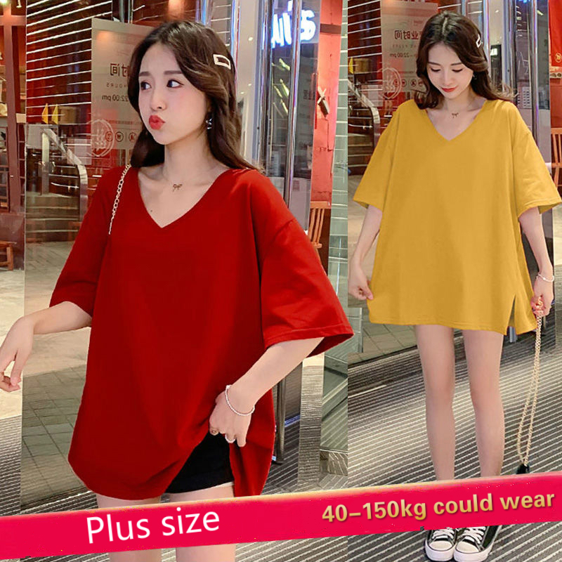 【40-150 กก.】เสื้อยืดแขนสั้น คอวี ทรงหลวม โอเวอร์ไซซ์ สไตล์เกาหลี พลัสไซซ์ สําหรับผู้หญิง