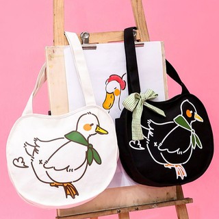 ทักแชทก่อนสั่ง⚡ Duck egg bag กระเป๋าไดคัท ทรงไข่ สรีนลายเป็ด กระเป๋าถือ กระเป๋าผ้าสีขาว