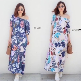 Flora Maxi dress  เดรสยาว เปิดไหล่ ลายดอก ผ้าคอตตอน เนื้อดีมาก ดี๊ ดี ลายสวย ผ้าเหมือน แบรนด์ดัง ไอจี ใส่ได้ทุกไซส์