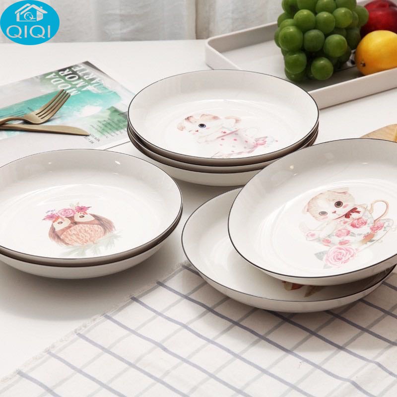 QIQI จานเซรามิก 8นิ้ว 3ใบ/ชุด ลายแมว น่ารัก
