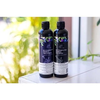 แชมพูคุณศรี 1แถม1 แชมพูอัญชัน+ทรีตเมนท์ : KhunSri Butterfly Pea Herbal Shampoo + Treatment ให้ผมดำ เงา นุ่มลื่น สุขภาพดี