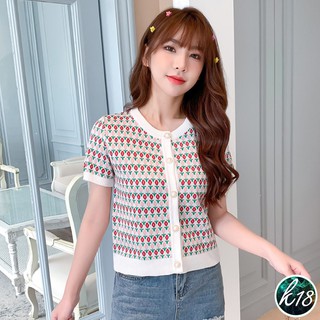 K18💜Korean เสื้อไหมพรมลายดอกไม้ กระดุมมุก