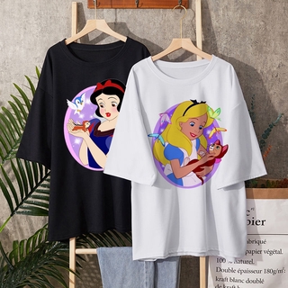 Alice in worldland เสื้อยืดผู้หญิงสีดำ Alice Snow White Princess พิมพ์ลำลองแขนสั้น