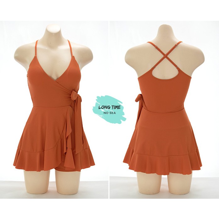 ชุดว่ายน้ำวันพีชกระโปรงสีส้ม กระโปรงกางเกง ไม่โป๊ ผูกโบว์ที่เอว สายปรับ