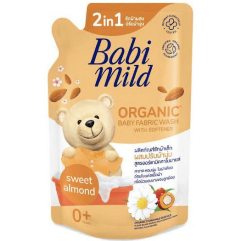 Babi mild เบบี้มายค์ 2in1 ผลิตภัณฑ์ซักผ้าเด็กผสมปรับผ้านุ่ม สูตรออร์แกนิคคาโมมายล์และล้างขวดนมขนาด 600 มล. แพ็ค 1 ถุง