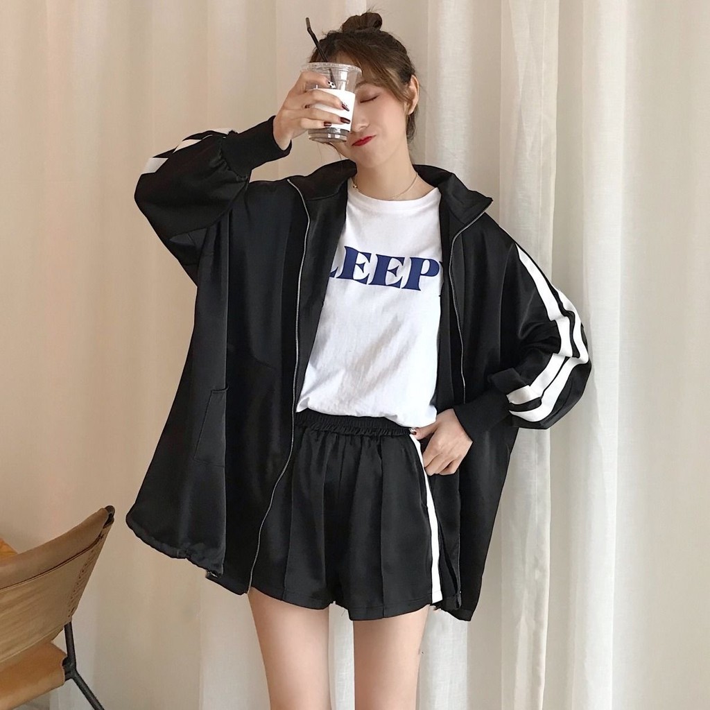 Ad เสื้อคลุมแขนยาว สไตล์เกาหลี กันแดด กันลม แต่งแถบด้านข้าง Coat