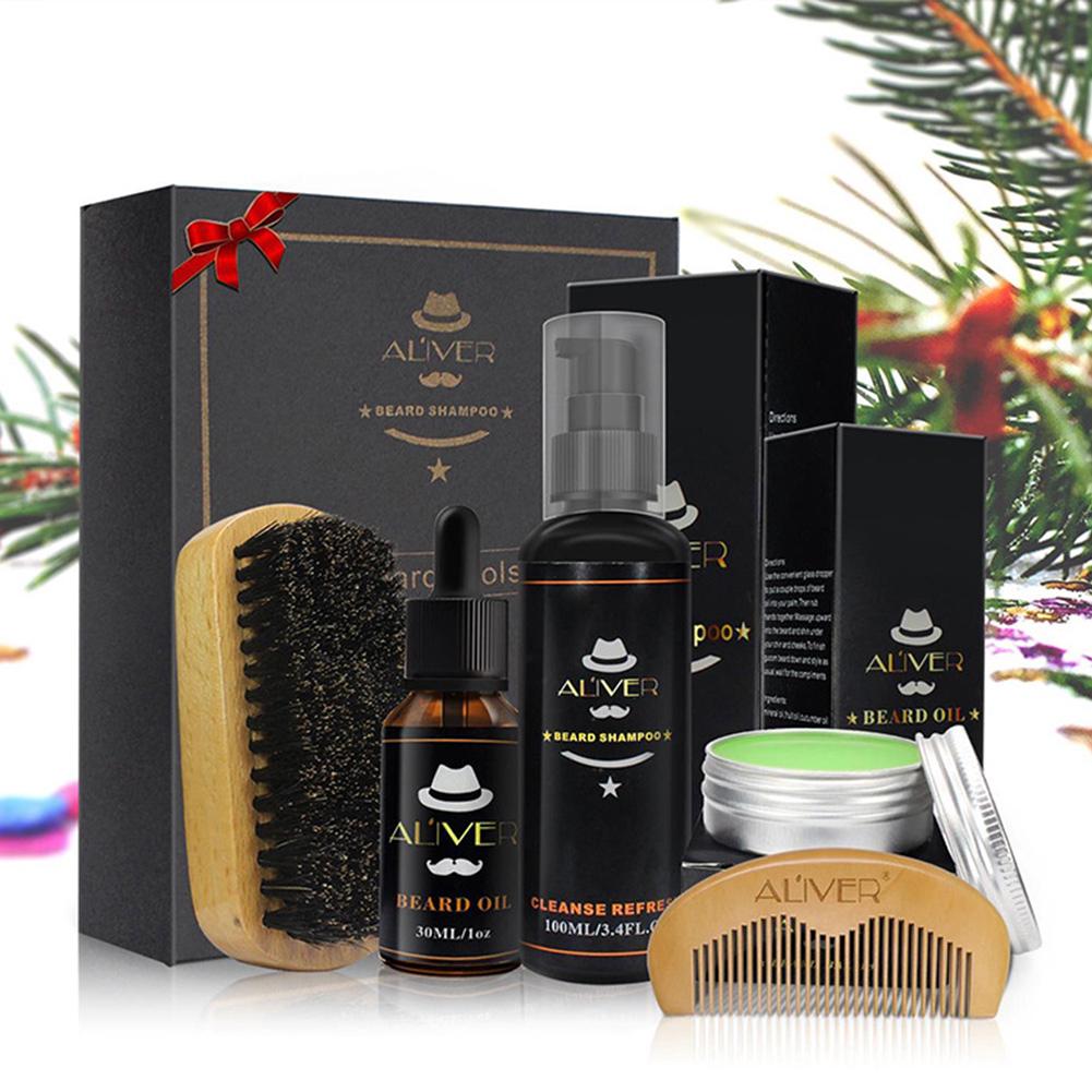 5PCS/Set Brush Wood Comb Kit Beard Care Oil Gift Cream Styling Shampoo Men Mustache