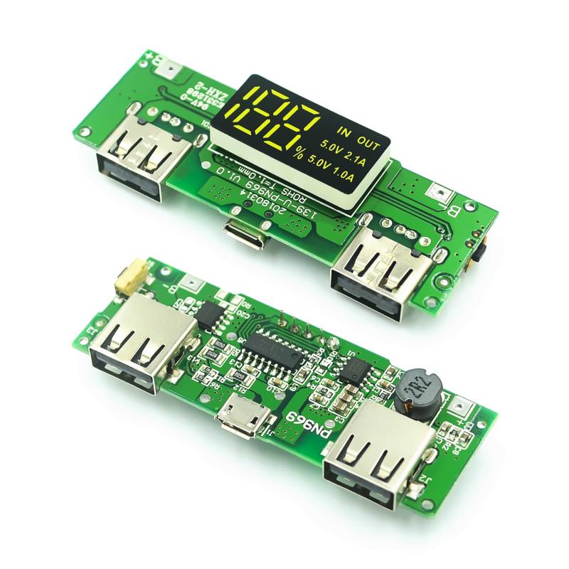 บอร์ดโมดูลเครื่องชาร์จ LED USB คู่ 5V 2.4A 2A 1A Micro/Type-C USB LED Dual USB 5V 2.4A 2A 1A แบตสำรองมือถือ 18650