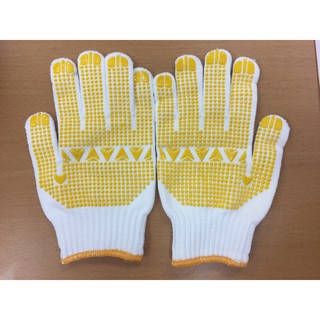 ถงมือผ้าทอ กันลื่น เสริมจุด PVC สีเหลือง