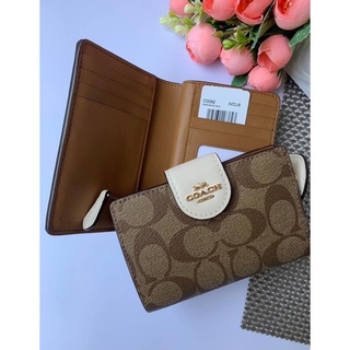 พร้อมส่ง แท้ 🇺🇸💯% New Coach กระเป๋าสตางค์ ใบกาลาง MEDIUM CORNER ZIP WALLET IN SIGNATURE CANVAS (COACH C0082) IM/KHAKI/CH