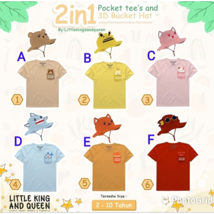 LITTLE KING & QUEEN Pocket Tees & 3D Bucket Hat (ฟรีหมวก) วัสดุผ้าฝ้ายหวี 24s (เสื้อยืด) & วัสดุผ้าใ