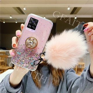 เคสโทรศัพท์ VIVO V20 Pro / V20 SE 2020 New Casing TPU Softcase Luxury Rhinestone Ring Holder Strap Fur Ball Clear Star Space  Cover Case For TPU Softcase VIVO V20SE V20Pro