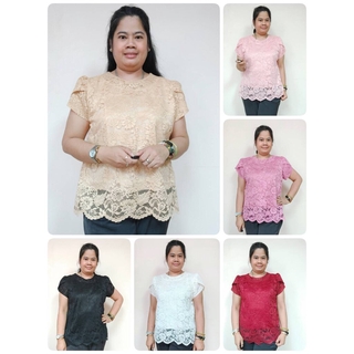 NNandNN Shop 3 0020 เสื้อลูกไม้คอกลม ผ่าด้านหลัง แขนบัว สีพื้นหลายสี 4XL 46