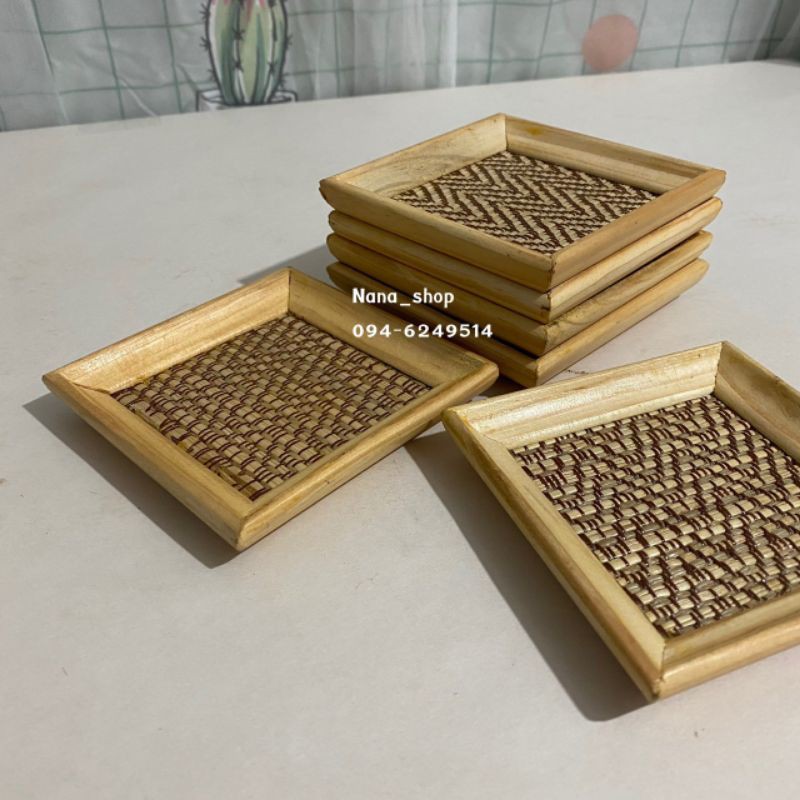 จานรองแก้วไม้ เสื่อสาน (สีเนื้อไม้)