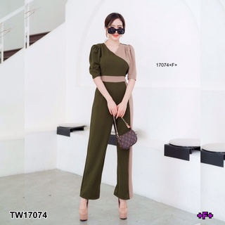 AK 17074 Jumpsuit จั้มสูทแขนสั้น ทูโทน