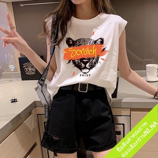 พร้อมส่ง เสื้อยืดแขนกุดผู้หญิงแฟชั่นสีขาว oversize ลายเสือ เสื้อผ้าแฟชั่นวัยรุ่น เสื้อกล้ามเกาหลี เสื้อผ้าฮิปฮอป สตรีท