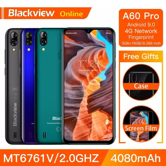 Blackview A60 Pro โทรศัพท์มือถือ Android 9.0 MT6761V 3GB + 16GB Waterdrop Screen 4080 mAh สมาร์ทโฟนลายนิ้วมือ