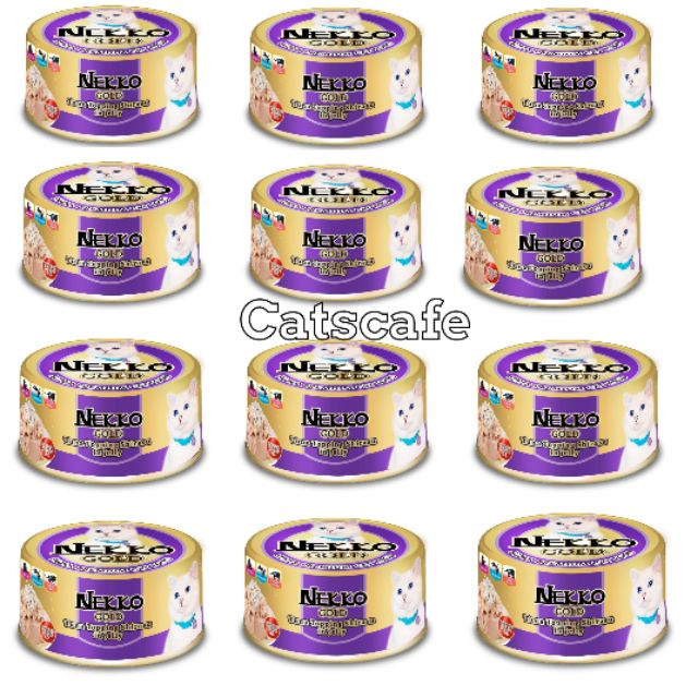 nekko gold 12​ กระป๋อง​ สีม่วง​ อาหารแมว​ ปลาทูน่าหน้าปลาชิราสุในเจลลี่​ 12กระป๋อง