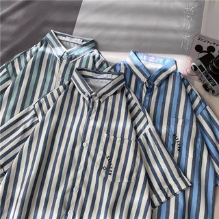 Shirt【M-3XL】Korean version Fashion casual mens short sleeve shirt Personalized striped pattern shirt Student handsome jacket Oversized loose and comfortable five-point sleeve shirt