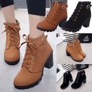 Intelscore พร้อมส่ง⚡️รองเท้าแฟชั่น PU หนังส้นสูง รองเท้า มาร์ตินซิป สำหรับสตรี Women Retro Thick Heel Boots