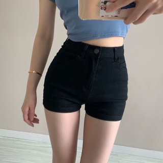 🌸 S-2XL แฟชั่นกางเกงขาสั้นรัดรูปสีดำใหม่หวานเรียบง่ายสบายๆสีทึบเอวสูงกางเกงขาสั้นผ้ายีนส์ A-line ฤดูร้อน