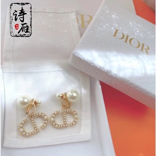 Dior/dior 22SS ใหม่ ต่างหูมุก ขนาดใหญ่ ลายโลโก้ตัวอักษร CD สีทอง สําหรับผู้หญิง