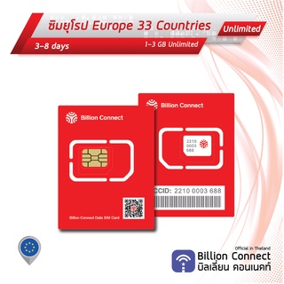 Europe 33 Countries Sim Card Unlimited 1-3GB: ซิมยุโรป 3-8 days ซิมต่างประเทศ Billion Connect