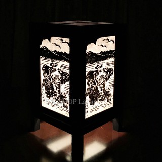 S.K.LAMP โคมไฟกระดาษสา โคมไฟตั้งโต๊ะลายช้างภูเขา งานสกรีน handmade กรอบไม้ ขนาด 5x7”