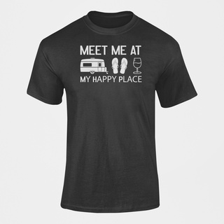 เสื้อยืดลําลอง ผ้าฝ้าย แขนสั้น พิมพ์ลาย Meet Me At My Happy Place โอเวอร์ไซซ์ ยอดนิยม สําหรับตั้งแคมป์S-5XL