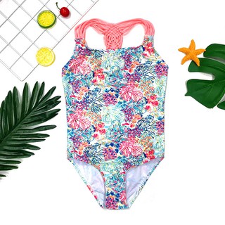 พร้อมส่งครบไซส์  ⚡️ ชุดว่ายน้ําเด็กผู้หญิงน่ารัก Girl Floral Macrame Back Swimsuit--ZW41