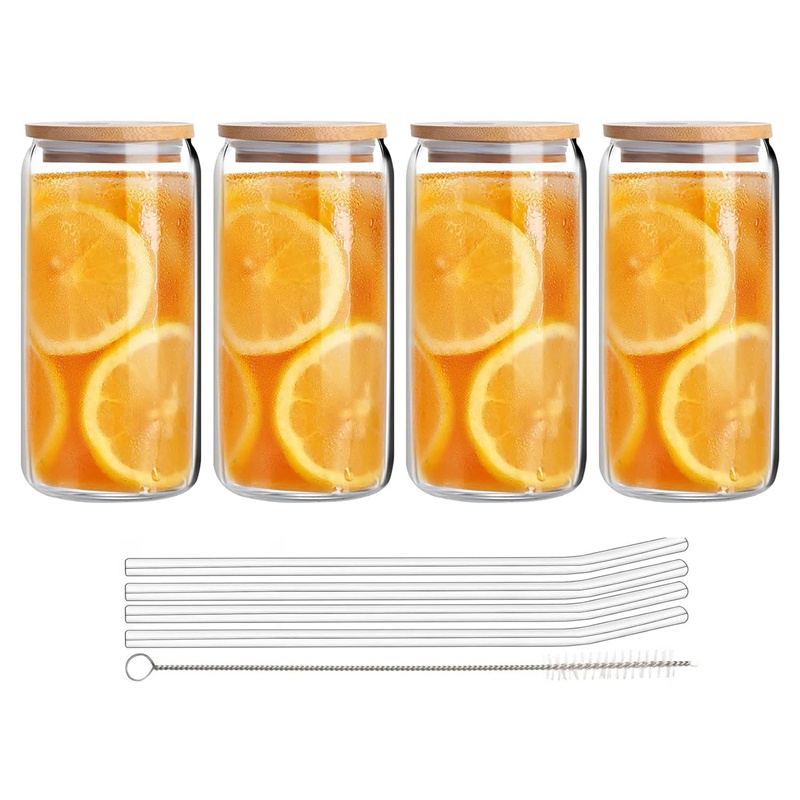 Beer Can Glass With Bamboo Lids And Glass Straws,4 Pack 16Oz Drinking