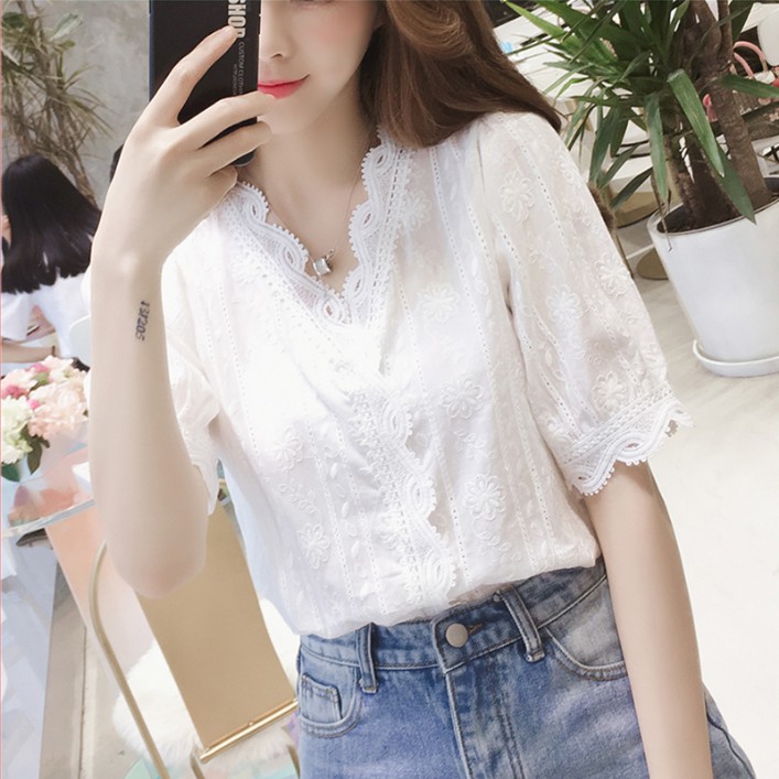 เสื้อเชิ้ตแขนสั้นผ้าลูกไม้สวยๆ [KK10]