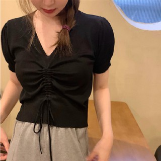 💥ล้างสต็อก🌼น่ารัก💕พร้อมส่ง💥 เสื้อไหมพรมคอวี รูดเชือก💖 แขนตุ๊กตา 🌈 ผ้านิ่ม