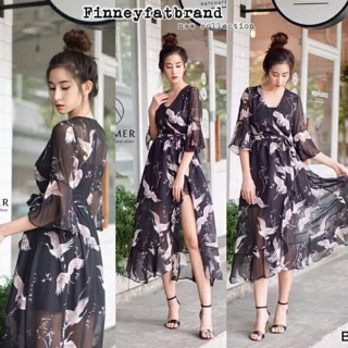 Maxi Dress ผ้าชีฟองพิมลายนก ตัดเย็บแพทเทินเป๊ะ ดีไซส์ผูกเอวไขว้