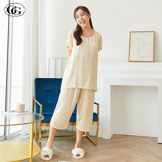 G&amp;G Nightwear รุ่น EN6P06 ชุดนอน เสื้อแขนสั้นคอกลม + กางเกงขา4ส่วน สี CR Spun Rayon ลายดอกไม้