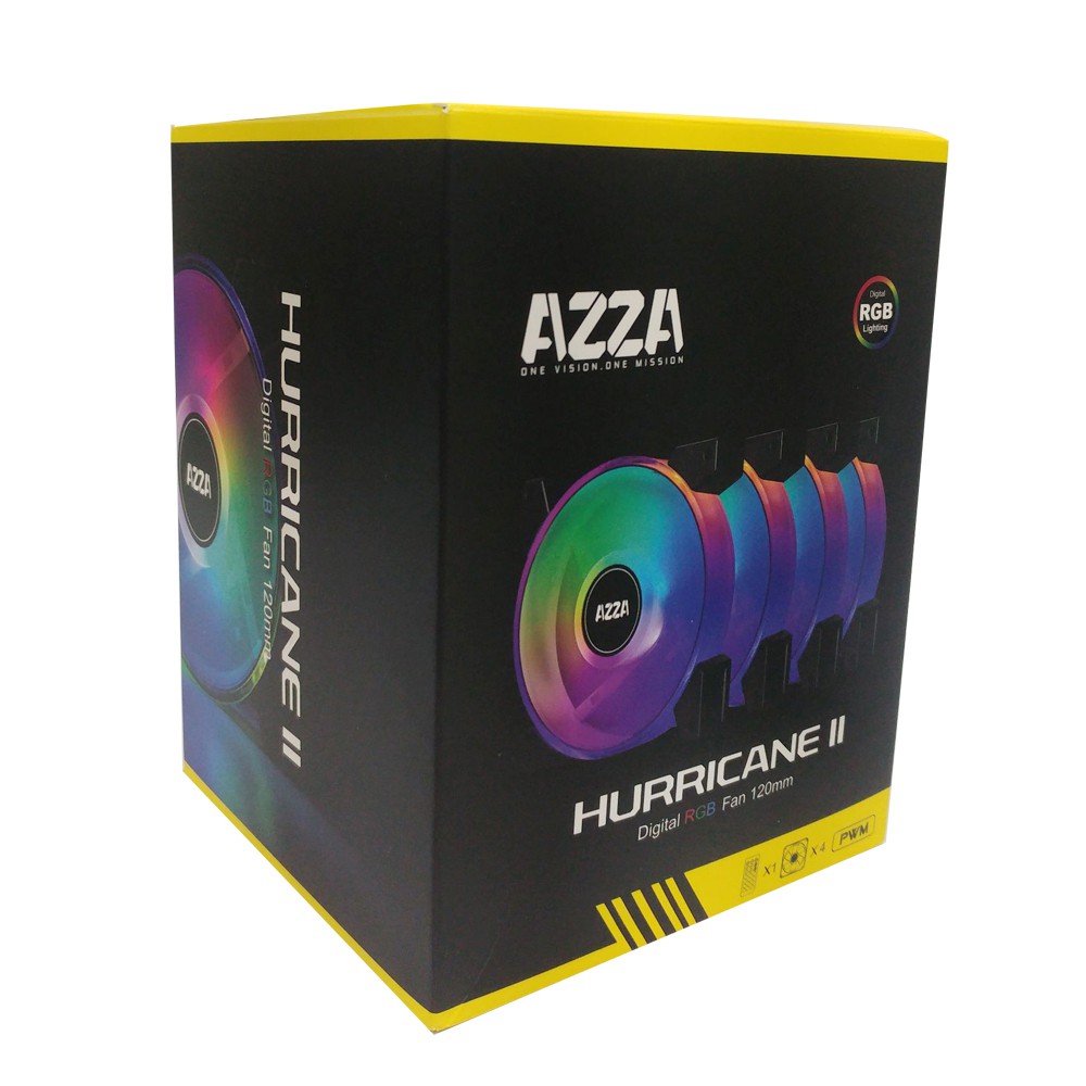 AZZA PWM Fan Case 120mm. HURICANE II Dual Ring Digital RGB with Remote Controller - Black (Pack 4)