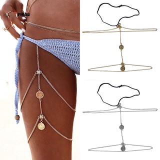 Richu_Lady Retro Sexy Harness Multilayer Thigh Leg Chain Coins Tassel Bikini Jewelry