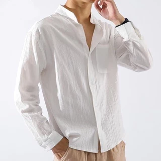 เสื้อเชิ้ตผู้ชายแขนยาว คอจีน ผ้าฝ้ายลินิน สีพื้น ระบายอากาศดี ทรงหลวม ไซซ์ M-3XL