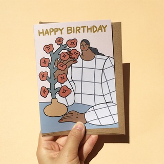 การ์ดวันเกิด การ์ดอวยพร น่ารัก พร้อมซอง มินิมอล ลายผู้หญิง รุ่น Happy Birthday Vase Woman Card แบรนด์ Ping Hatta