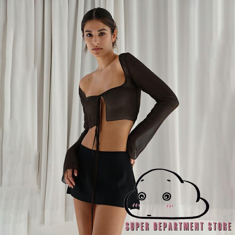 「ส่งจากไทย」 เสื้อครอปท็อป แขนยาว ผ้าตาข่าย สีพื้น สําหรับผู้หญิง