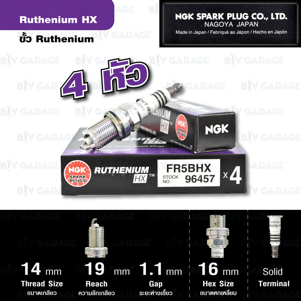 NGK หัวเทียน Ruthenium HX FR5BHX 4 หัว สำหรับ Civic 1.6 '95-'00 , Mazda 323 Protégé  (ใช้อัพเกรด ZFR