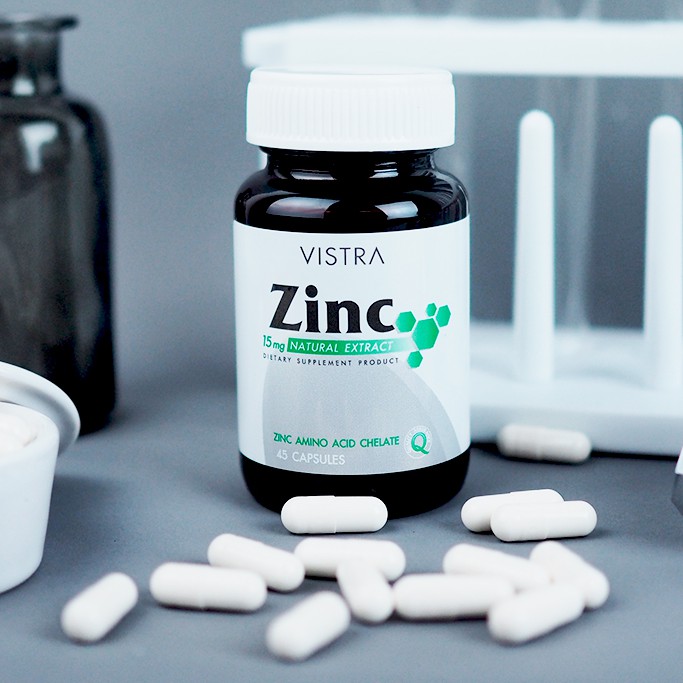 VISTRA  ZINC 15MG 45'S ช่วยให้อสุจิแข็งแรง ส่งผลดีต่อการมีบุตร บำรุงรากผม และเล็บให้แข็งแรง