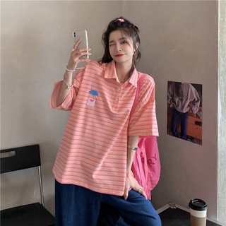 ใหม่ เสื้อยืดโปโล แขนสั้น ลายทาง สีชมพู แฟชั่นฤดูร้อน สําหรับผู้หญิง 2022 2021