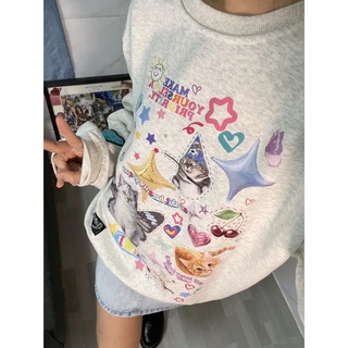 （ในสต็อก ส่งจาก กทม） G12715 Japanese cute cat print round neck sweater womens lazy wind top ins Overseas size