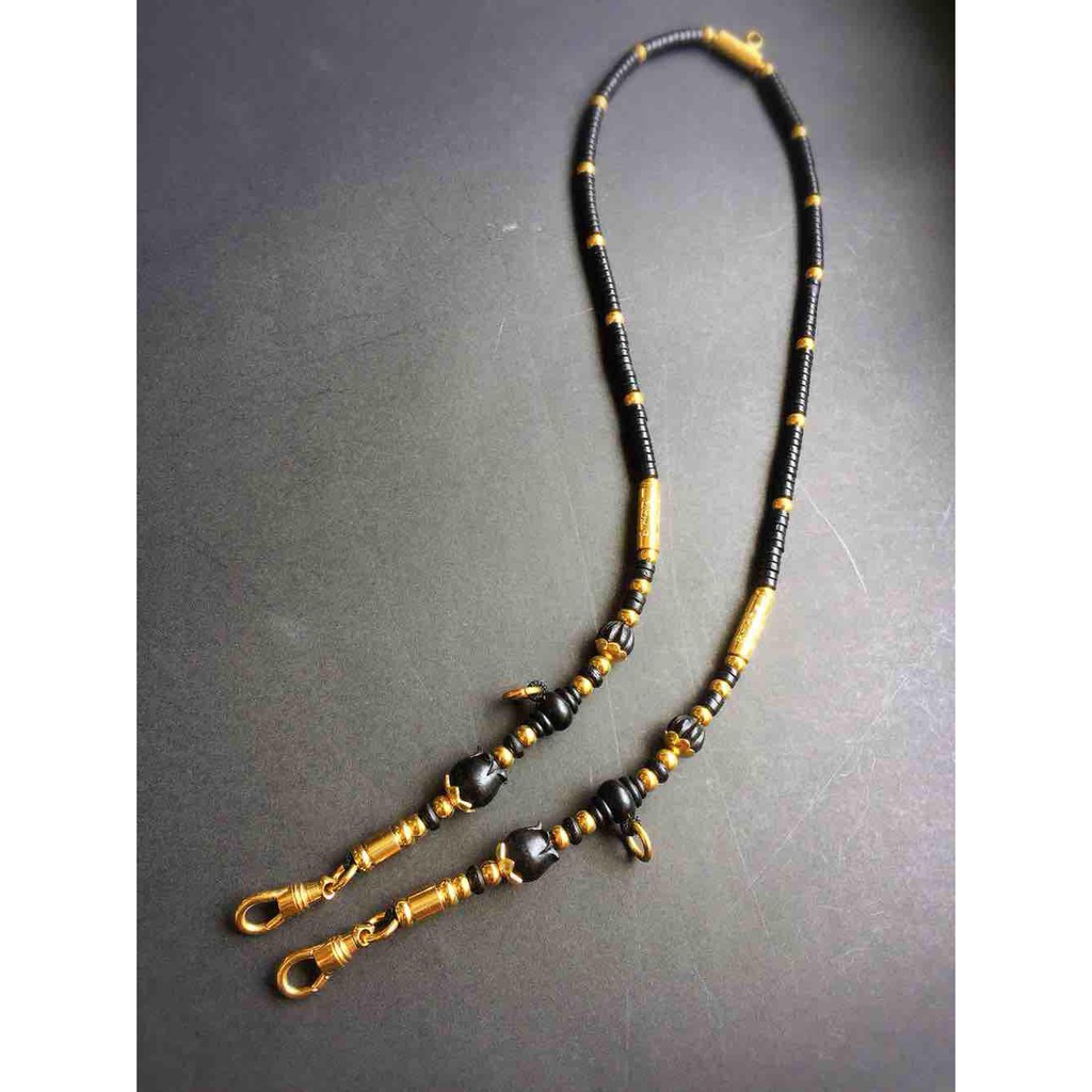 สร้อยกะลาแท้"ทองเลเซอร์24k"คล้องตะกรุดหรือพระเลี่ยม3ห่วง งานกะลาขั้นไม้งิ้วดำ ความยาวเลือกได้