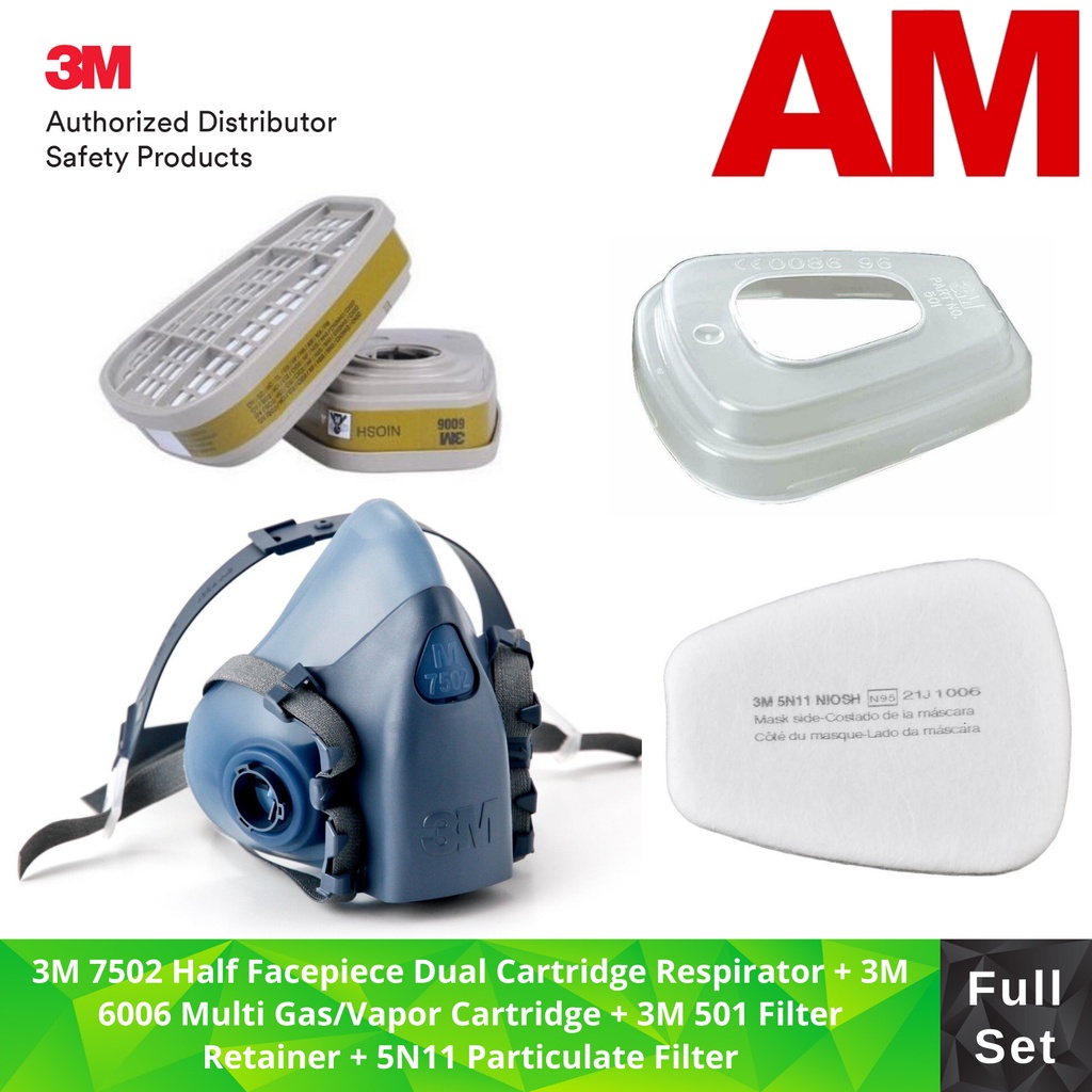 3M 7502 Half Facepiece Dual Cartridge Respirator + 3M 6006 Multi Gas/Vapor ตลับหมึก + 3M 501 Filter 