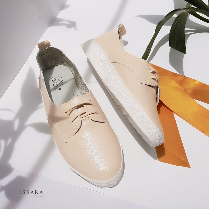 Issara Shoes รองเท้าผู้หญิง NANA OKADA รุ่น Soft'n go ขอบโค้ง เรียบ โบว์ พื้นหนา สีครีม
